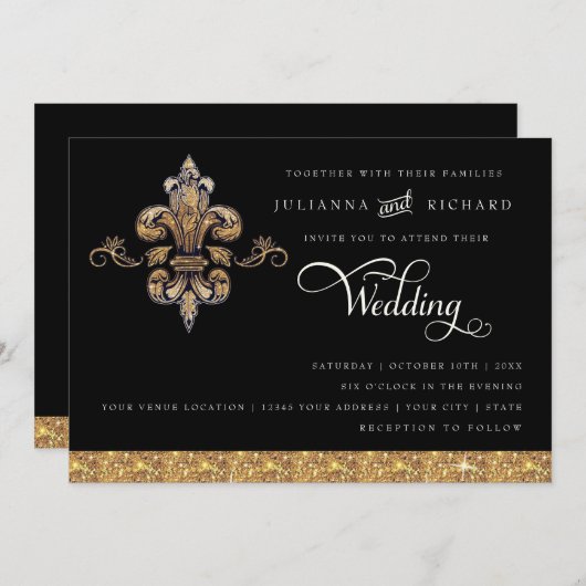 Invitation Pailleté aspect or faux noir formel Fleur de Lis (Devant / Derrière)