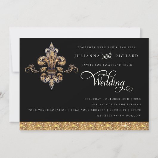 Invitation Pailleté aspect or noir formel Fleur de Lis (Devant)