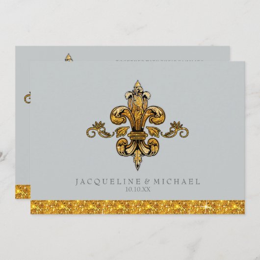 Invitation Pailleté aspect or noir formel Fleur de Lis (Devant / Derrière)