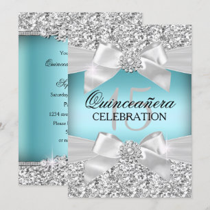 Invitation Pailleté Bleu Argenté & Nœud de Bijou Quinceanera