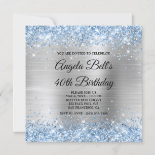 Invitation Pailleté bleu clair Monogramme argenté brillant Fe