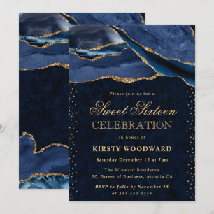 Invitation Pailleté Bleu et Or Élégant Agate 16 Ans Douce