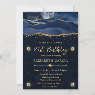 Invitation Pailleté Bleu et Or Élégant Anniversaire des 21 An
