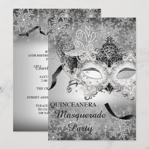 Invitation Pailleté d'Argent Flocon de Neige Masquerade Quinc