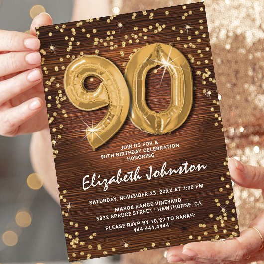 Invitation Pailleté d'Or Rustique pour les 90 ans