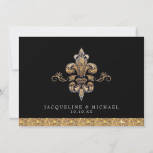 Invitation Pailleté Faux Or Noir Formel Fleur de Lis