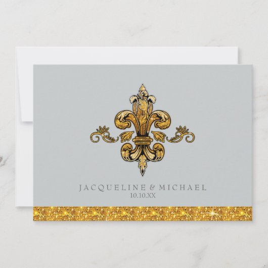 Invitation Pailleté Faux Or Noir Formel Fleur de Lis (Devant)