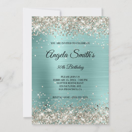Invitation Pailleté Monogramme en Papier Aluminium Turquoise (Devant)