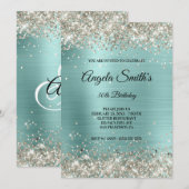 Invitation Pailleté Monogramme en Papier Aluminium Turquoise (Devant / Derrière)
