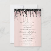 Invitation Pailleté Noir Gouttes de Rose Mariage Réception Bl (Devant)
