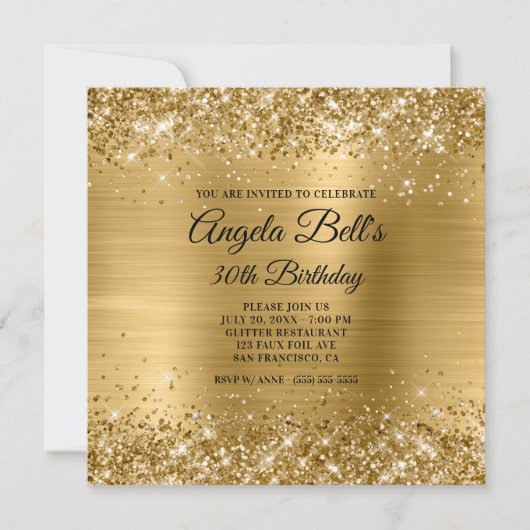 Invitation Pailleté Or Brossé Feuille Métal Glam 30e Annivers (Devant)