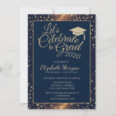 Invitation Pailleté Or Cap Graduation, Points, Bleu Marine (Devant)