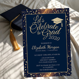 Invitation Pailleté Or Cap Graduation, Points, Bleu Marine