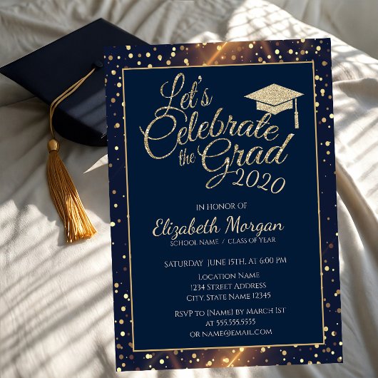 Invitation Pailleté Or Cap Graduation, Points, Bleu Marine