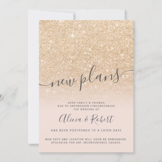 Invitation Pailleté or chic rose report de nouveaux plans (Devant)