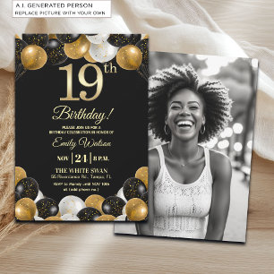 Invitation Pailleté Or Noir Élégant Photo Anniversaire 19 Ans