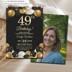 Invitation Pailleté Or Noir Élégant Photo Anniversaire 49 ans