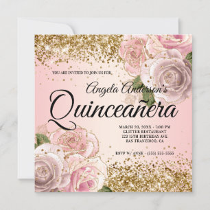 Invitation Pailleté or pailleté rose floral Quinceañera