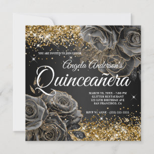 Invitation Pailleté or pailleté rose noire glamour Quinceañer