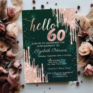 Invitation Pailleté Or Rose Moderne Gouttes Vertes 60ème Anni
