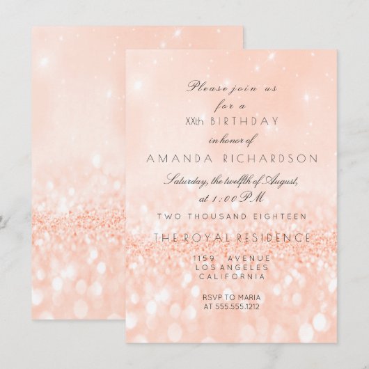 Invitation Pailleté pastel corail pêche mariage fille anniver (Devant / Derrière)