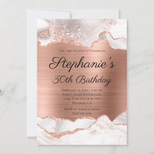 Invitation Pailleté Rose Gold Blanc Agate Feuille 30e Anniver