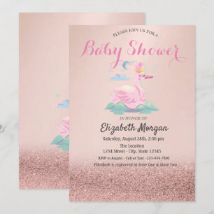 Invitation Pailleté Rose Gold Bokeh, Baby Shower Cygne Bébé