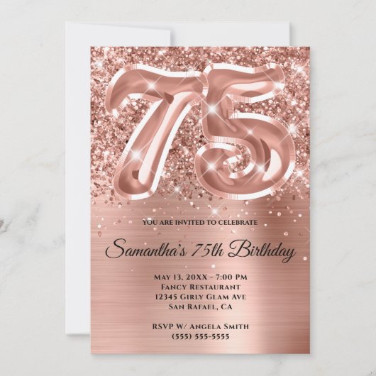 Invitation Pailleté Rose Gold Glam 75e Anniversaire (Devant)