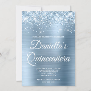 Invitation Pailleté scintillant bleu clair Quinceañera en feu