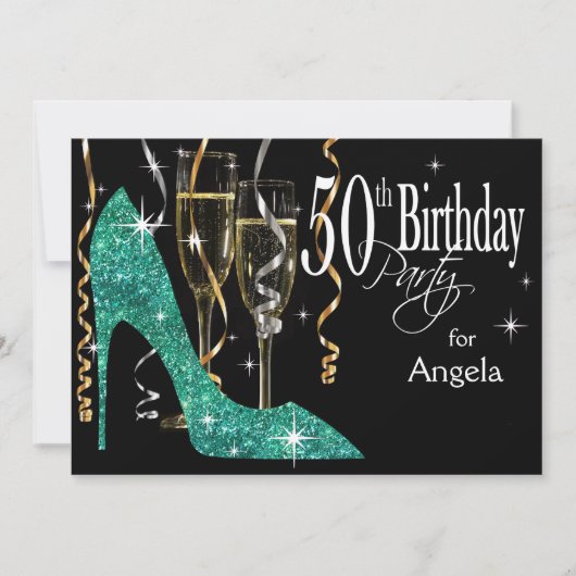 Invitation Pailleté Stiletto Champagne 50e Anniversaire Bleu  (Devant)