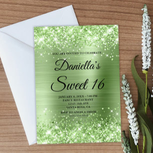 Invitation Pailleté Vert Clair Paillettes et Feuille Douce 16