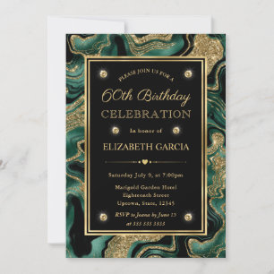 Invitation Pailleté Vert et Or Élégant Anniversaire des 60 an