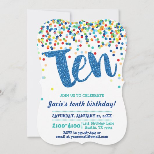 Invitation pailletée avec confettis bleus pour dix (Devant)
