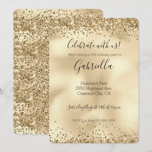 Invitation pailletée dorée avec confettis scintill (Devant / Derrière)