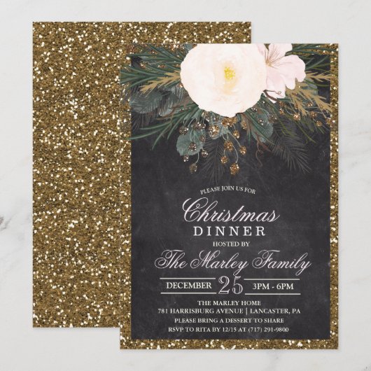 Invitation Pailletée Fleurie Noël (Devant / Derrière)