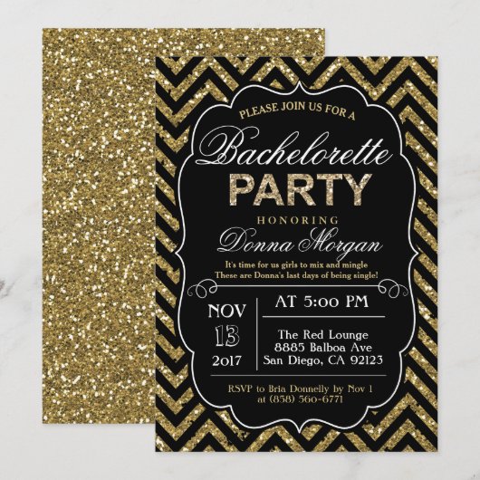 Invitation pailletée noire et or pour l'enterremen (Devant / Derrière)