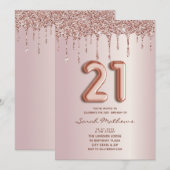 Invitation pailletée or rose pour 21e anniversaire (Devant / Derrière)