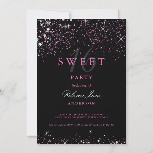 Invitation pailletée Sweet 16 Black Pink (Devant)