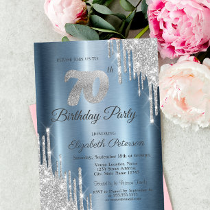 Invitation Pailletés Argent Gouttes Bleu Métallisé 70ème Anni