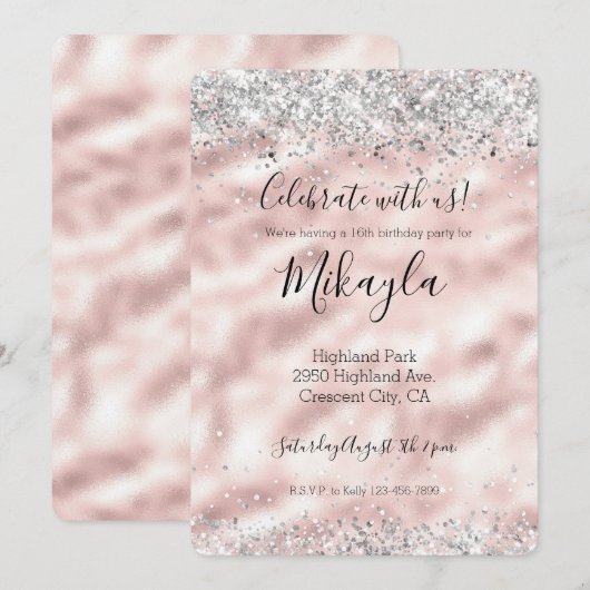 Invitation Pailletés Rose Glamour Féminin Confettis Argentés (Devant / Derrière)