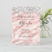 Invitation Pailletés Rose Glamour Féminin Confettis Argentés (Debout devant)