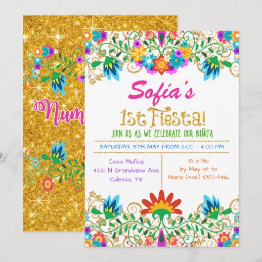 Invitation Paillette Florale pour Premier Annivers (Devant / Derrière)