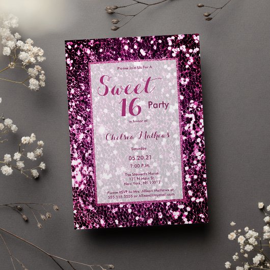 Invitation Paillette rose violet moderne tendance Sweet 16