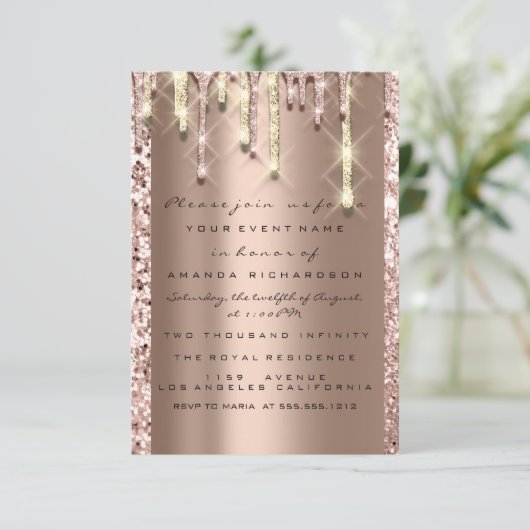Invitation Paillettes 3D Drips Rose Mariage Douce 16e Brillan (Debout devant)