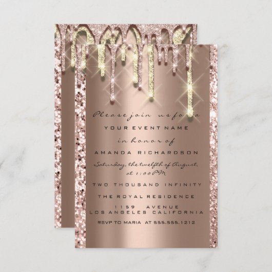 Invitation Paillettes 3D Drips Rose Mariage Douce 16e Brillan (Devant / Derrière)