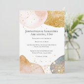 Invitation Paillettes abstraites or rose bleu scintillant (Debout devant)