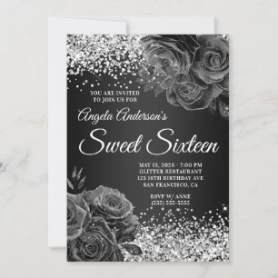Invitation Paillettes Argent Fleur Noir Glam Sweet Seize