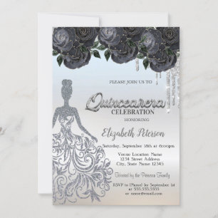 Invitation Paillettes Argent Gouttes Roses Noires Sweet 16