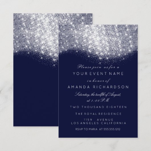Invitation Paillettes Argent Gris Blanc Bleu Marine Blanc Élé (Devant / Derrière)
