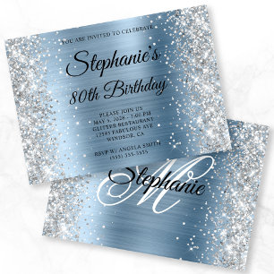 Invitation Paillettes Argent Monogramme Bleu Clair 80e Annive